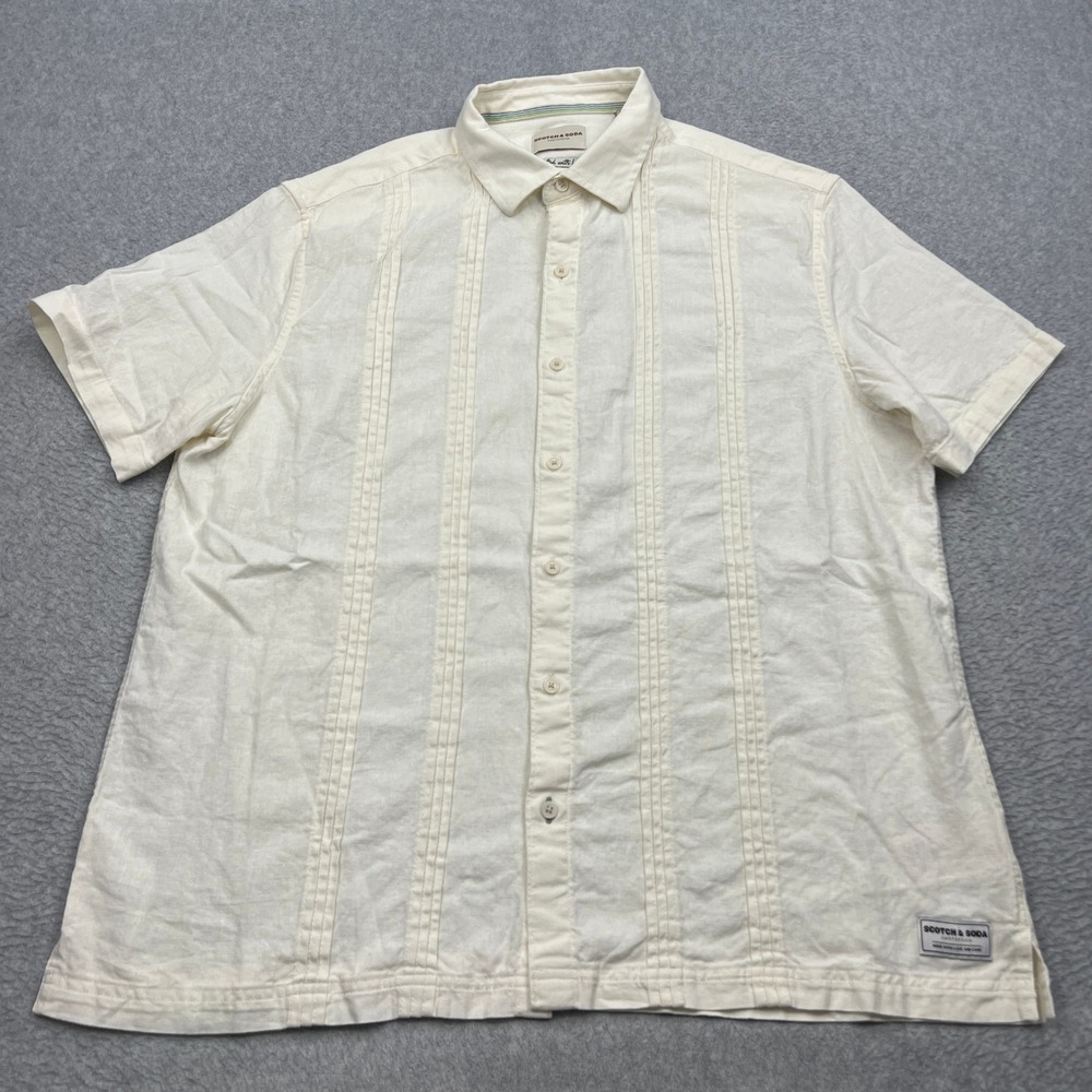 Scotch & Soda Shirt Mens XL Ivory Short Sleeve Linen Woven Pintuck Button Up